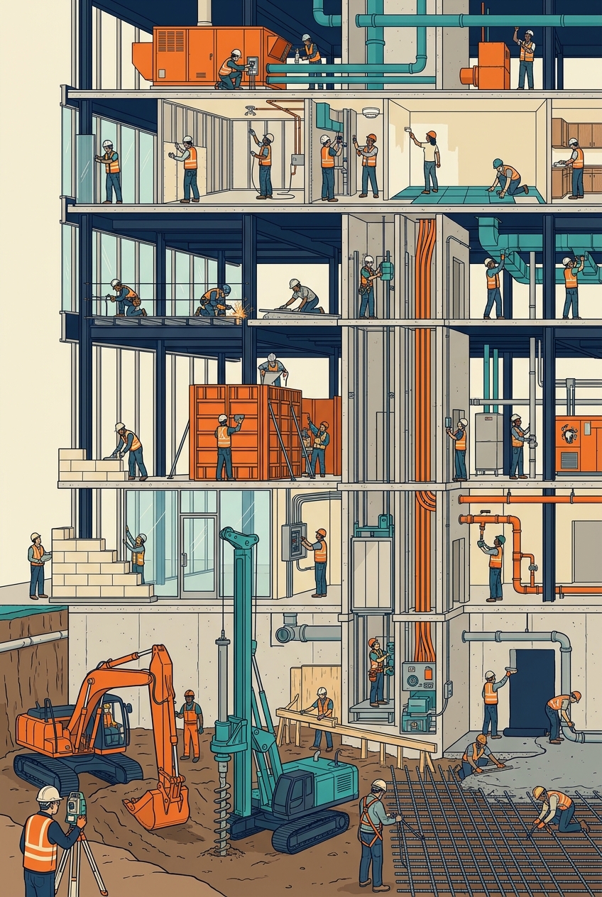 Who Builds a Tower (trades by floor) — panel art