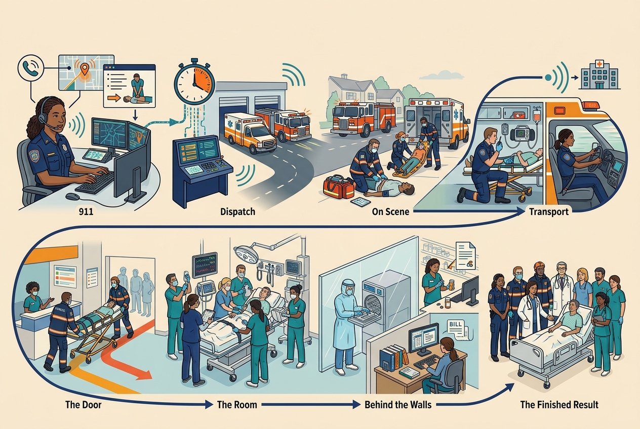 From 911 Call to Emergency Room — panel art